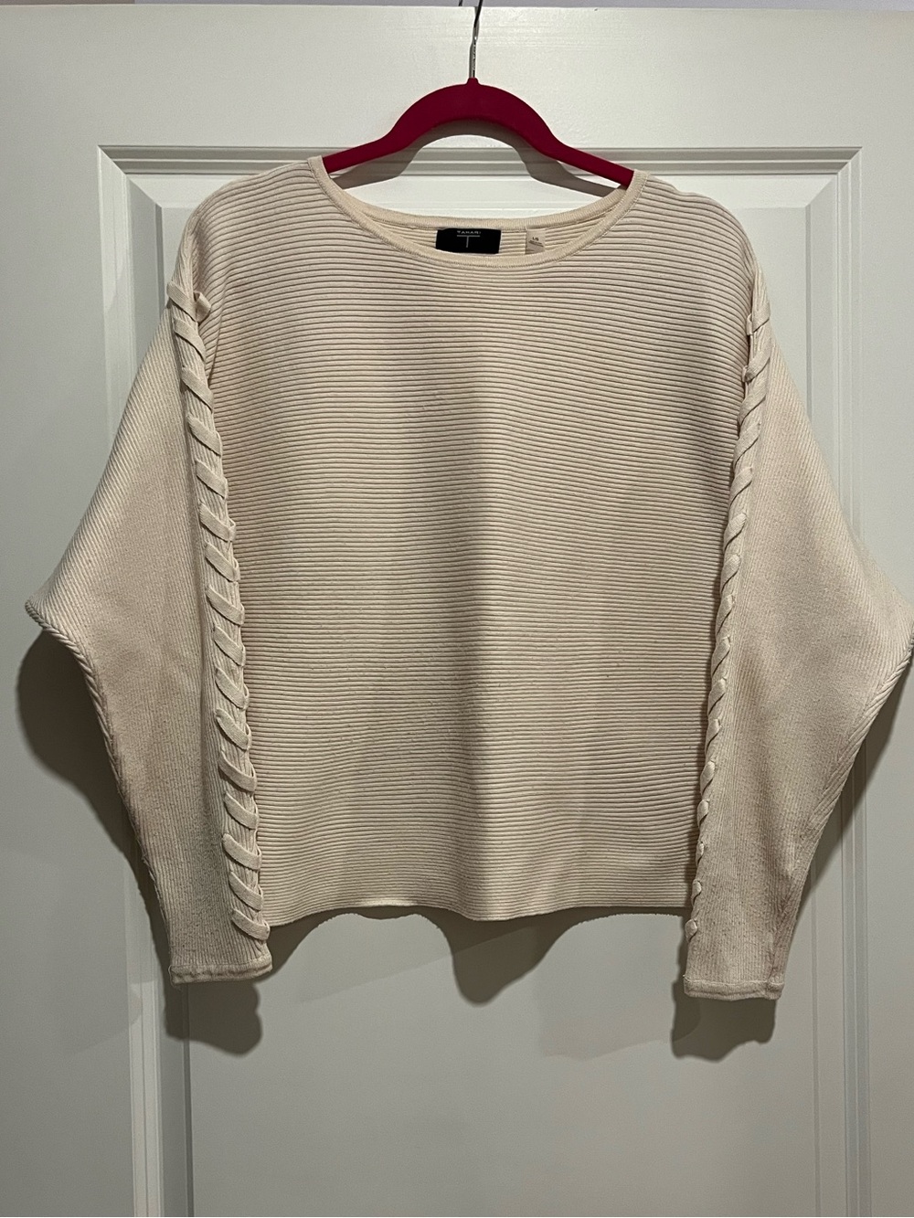 Tahari Cream Ribbed Crewneck Sweater with Side Braid Detail
